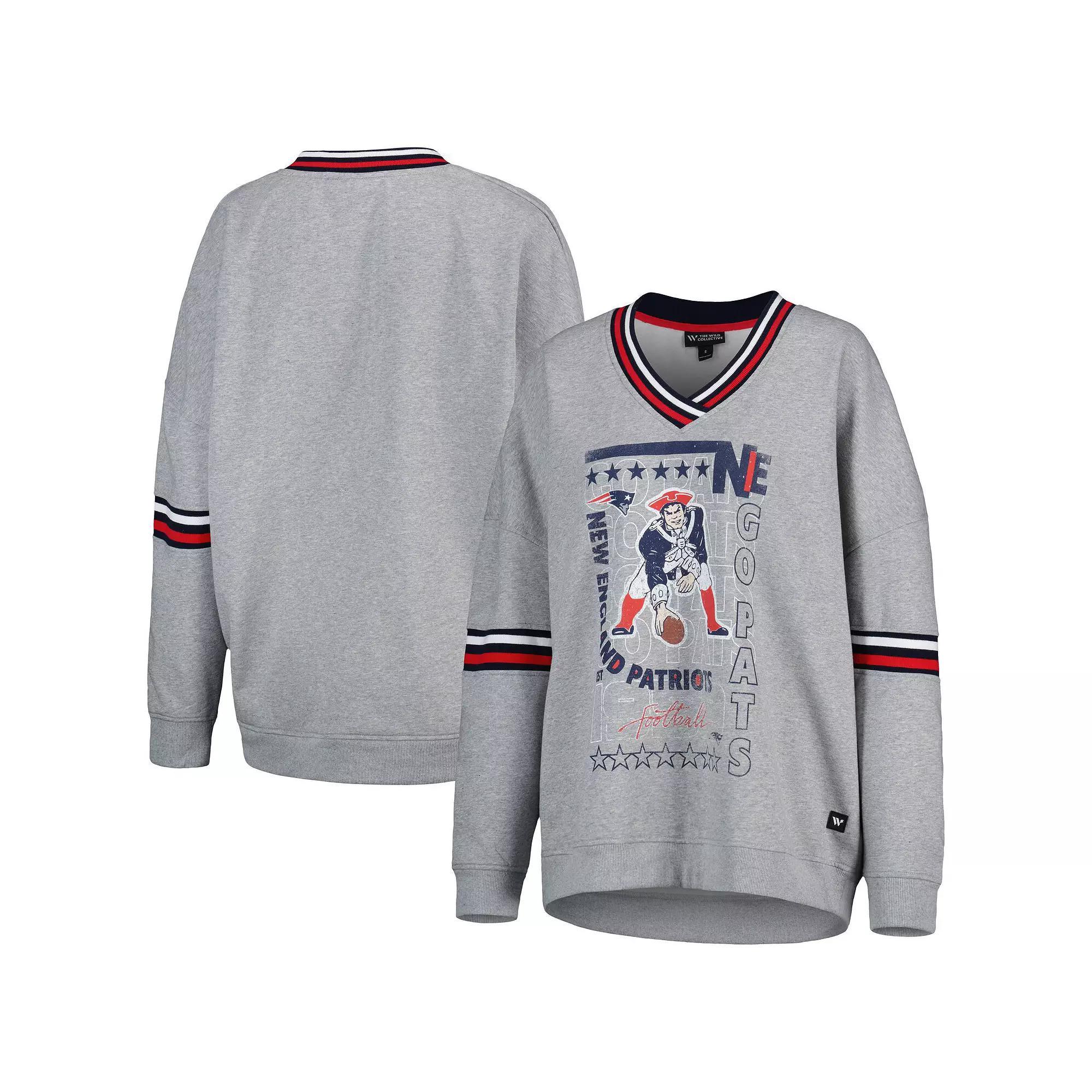Womens The Wild Collective Heather Gray New England Patriots Vintage V-Neck Pullover Sweatshirt Product Image
