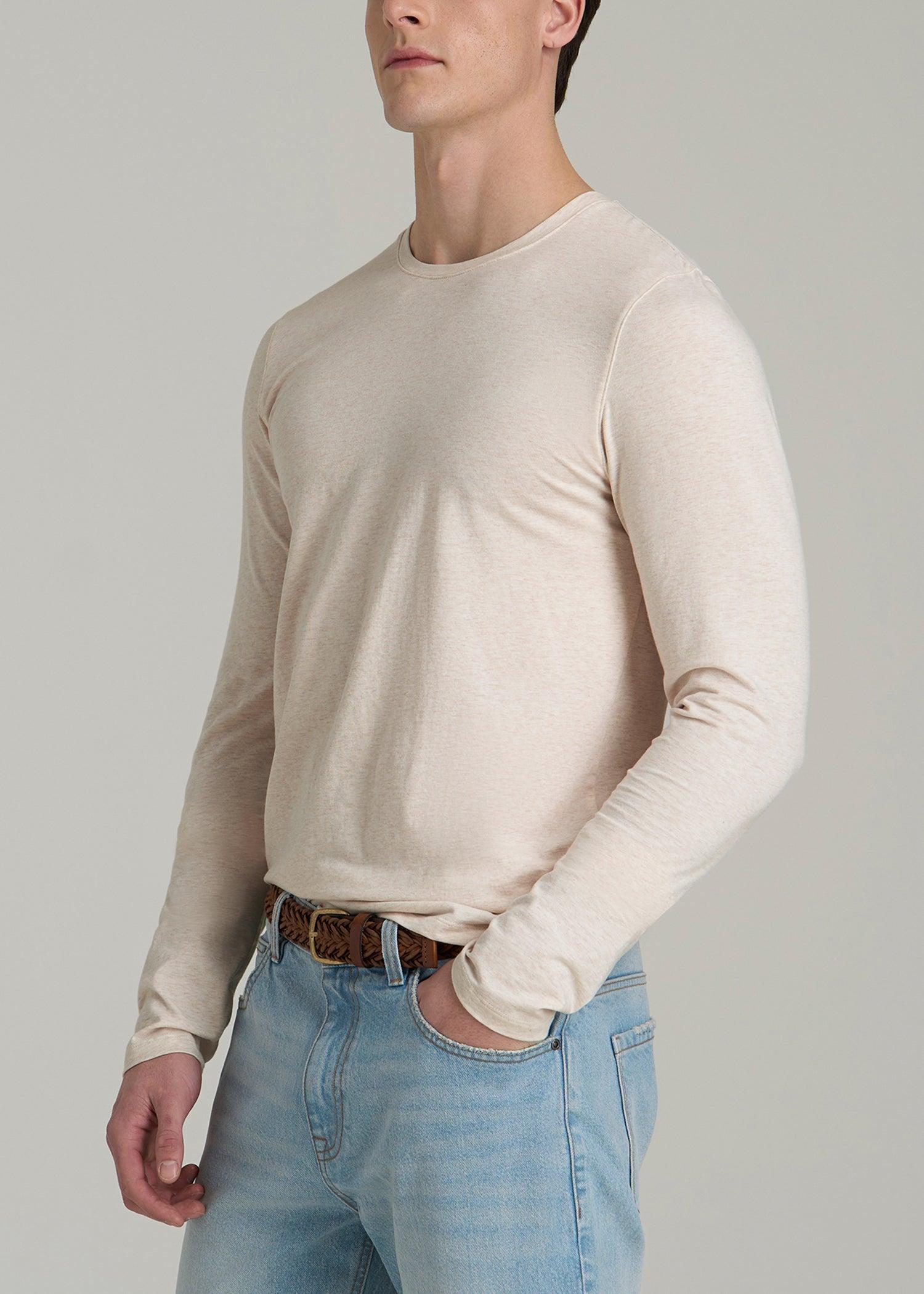 The Essential MODERN-FIT Crewneck Long Sleeve Tall Men's Tee in Heathered Oatmeal Product Image