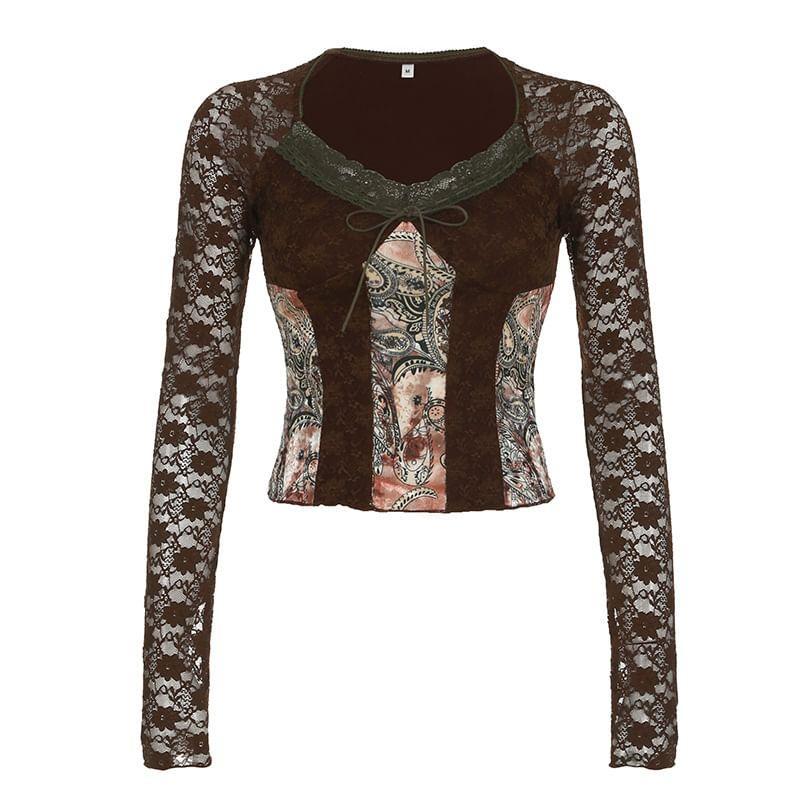 Long-Sleeve V-Neck Print Crop Top Product Image