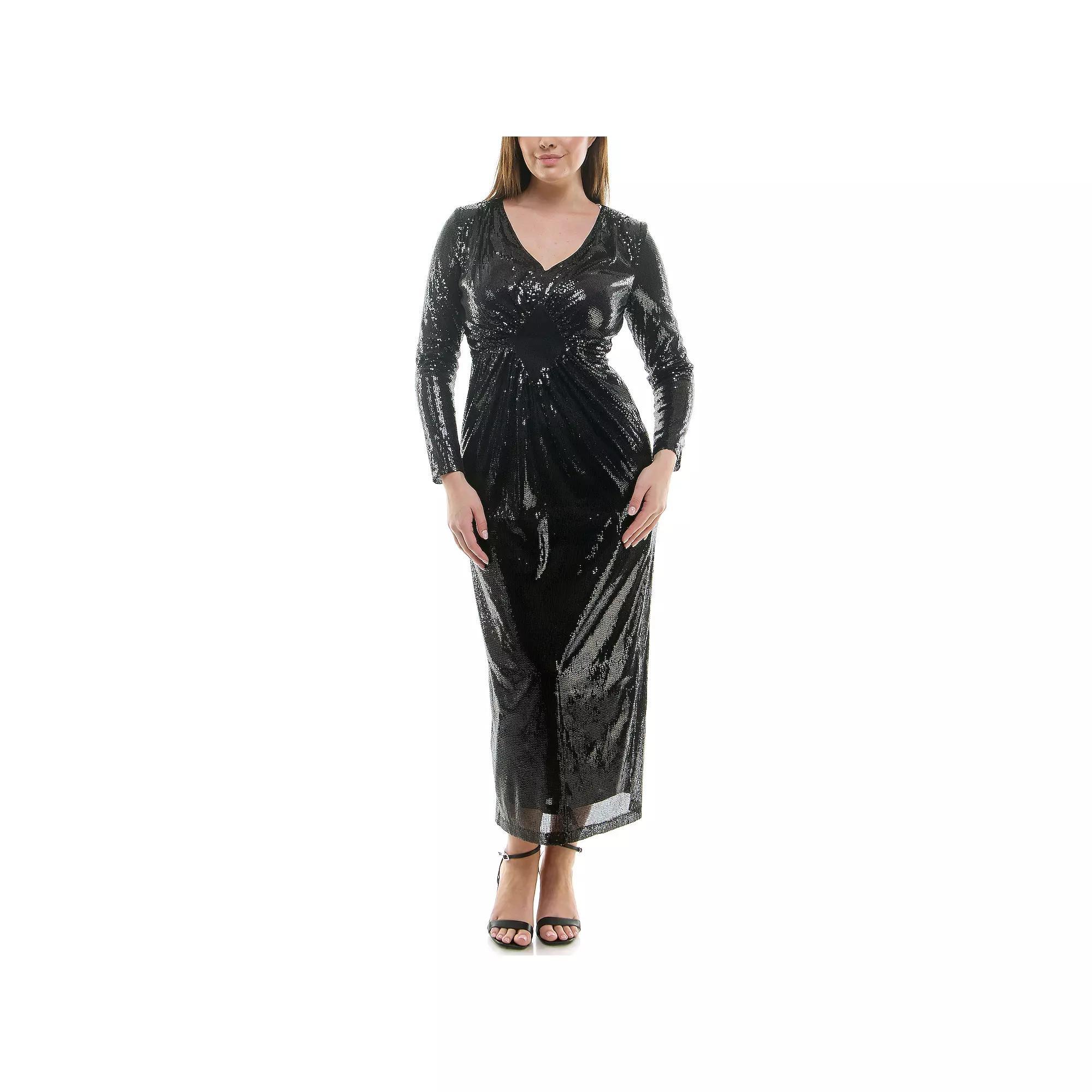 Women's Nanette Lepore Long Sleeve Maxi Sequin Dress with Front Diamond Detail, Size: 8, Very Black Product Image