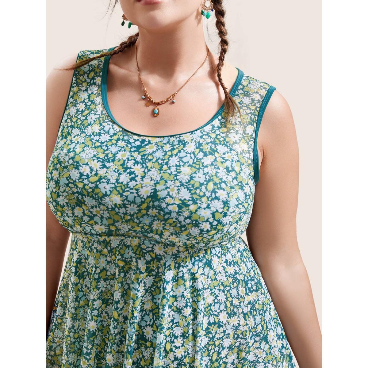 Plus Size Ditsy Floral Round Neck Cut Out Swim Dress Women's Swimwear Moss Beach Bodycon Round Neck High stretch Curve Swim Dresses BloomChic 30/6X Product Image