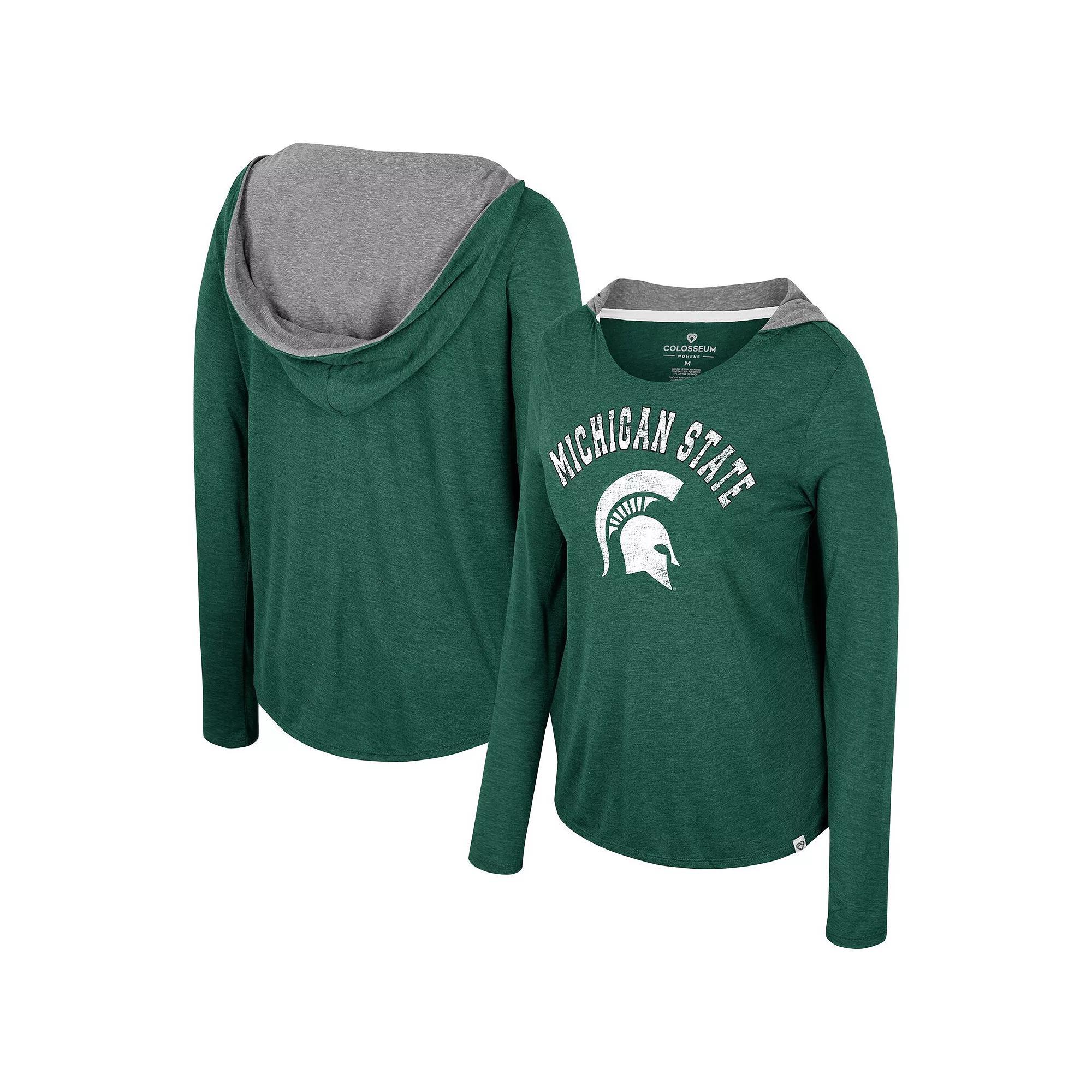 Women's Colosseum  Green Michigan State Spartans Distressed Heather Long Sleeve Hoodie T-Shirt, Size: Medium Product Image