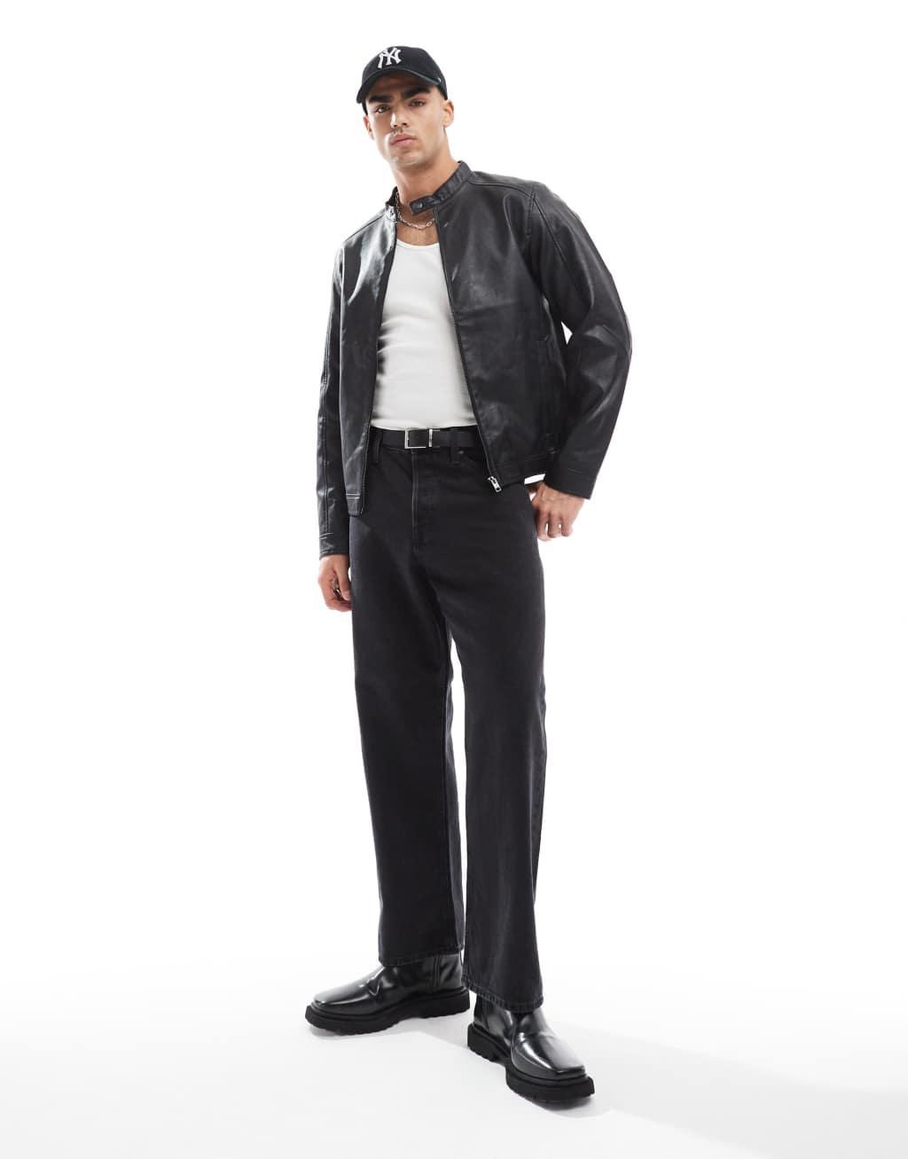 Jack & Jones faux leather racer jacket in black Product Image