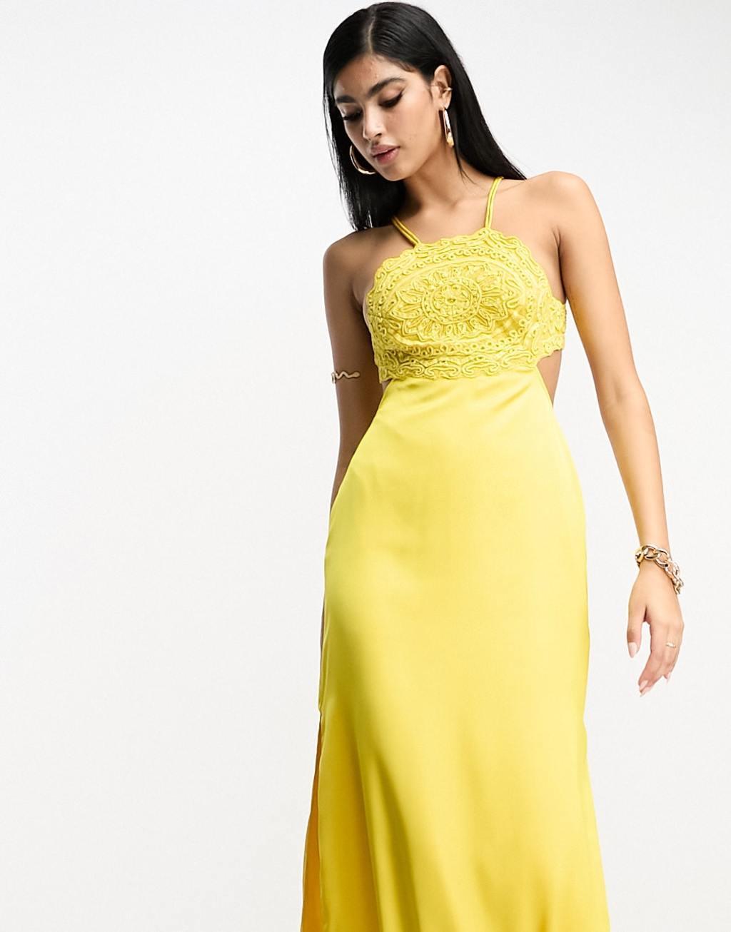 ASOS DESIGN embroidered bodice satin bias midi dress with open back Product Image