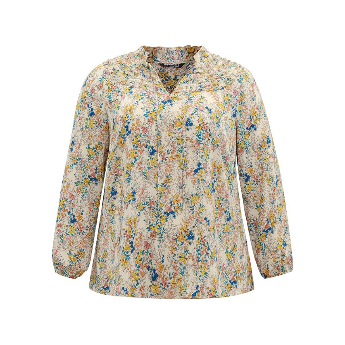 Plus Size Ivory Ditsy Floral Print Notched Lantern Sleeve Blouse Women Elegant Long Sleeve Notched collar Everyday Blouses BloomChic 14-16/1X Product Image