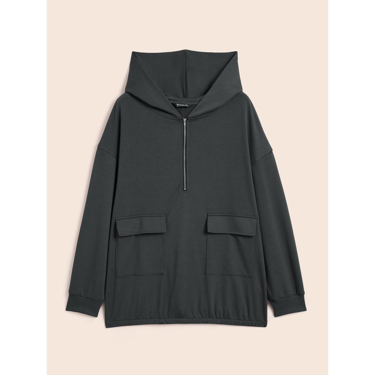 Plus Size Half Zip Hooded Pocket Sweatshirt Women DimGray Casual Patchwork Hooded Everyday Sweatshirts BloomChic 18-20/2X Product Image
