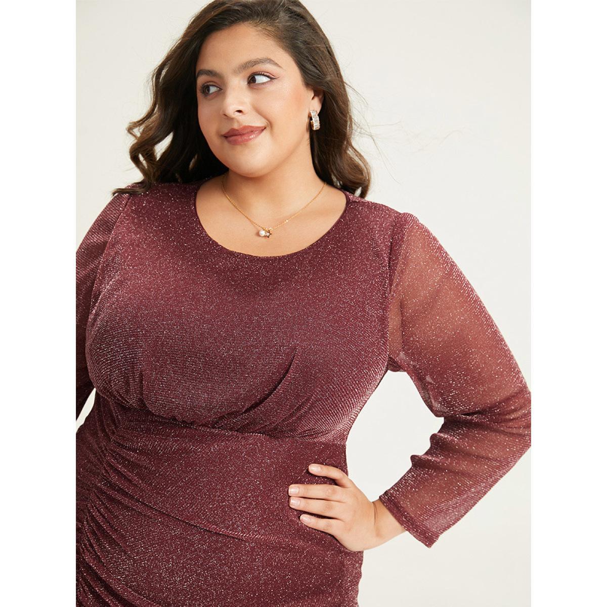 Plus Size Lurex Glitter Crew Neck Mesh Patchwork Gathered Dress Burgundy Women Casual Gathered Round Neck Long Sleeve Curvy Midi Dress BloomChic 30/6X Product Image