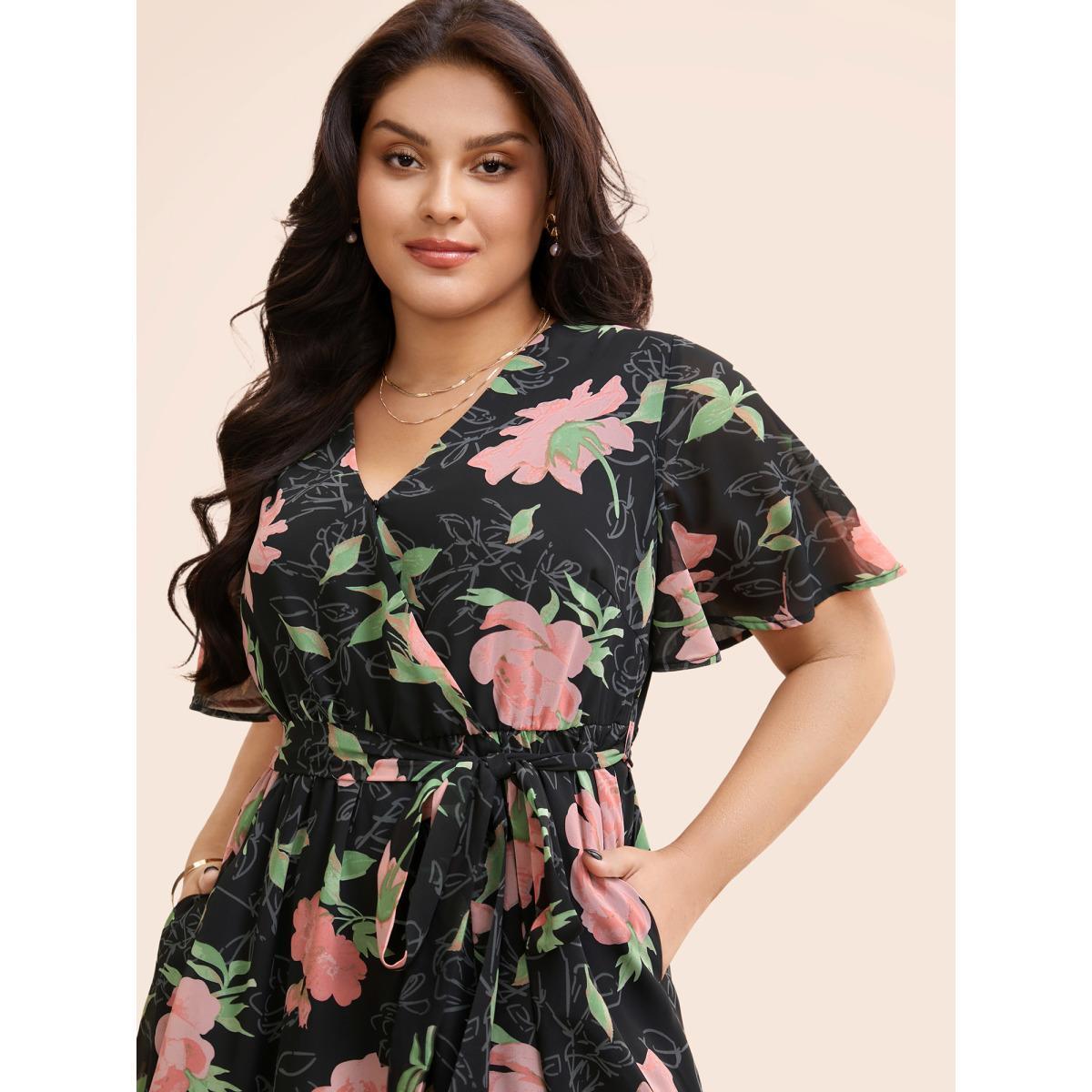 Plus Size Overlap Collar Floral Split Hem Dress Multicolor Women Elegant See through Overlap Collar Short sleeve Curvy BloomChic 28/5X Product Image