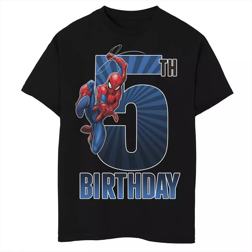 Boys Marvel Spider-Man Swinging 5th Birthday Husky Graphic Tee, Boy's, Size: XL HUSKY, Black Product Image