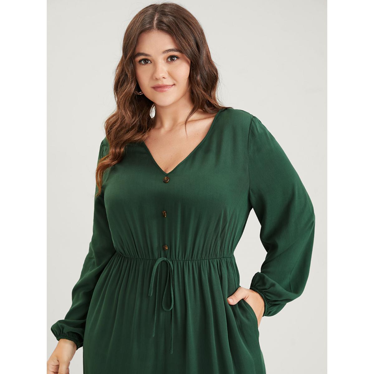 Plus Size Green Plain Pocket Button Lantern Sleeve Lace Hem Tie Jumpsuit Women Elegant Long Sleeve V-neck Dailywear Loose Jumpsuits BloomChic 30/6X Product Image