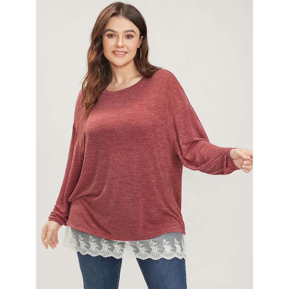 Plus Size Solid Round Neck Lace Hem Long Tee Raspberry Women Elegant Patchwork Plain Round Neck Dailywear T-shirts BloomChic 28/5X Product Image