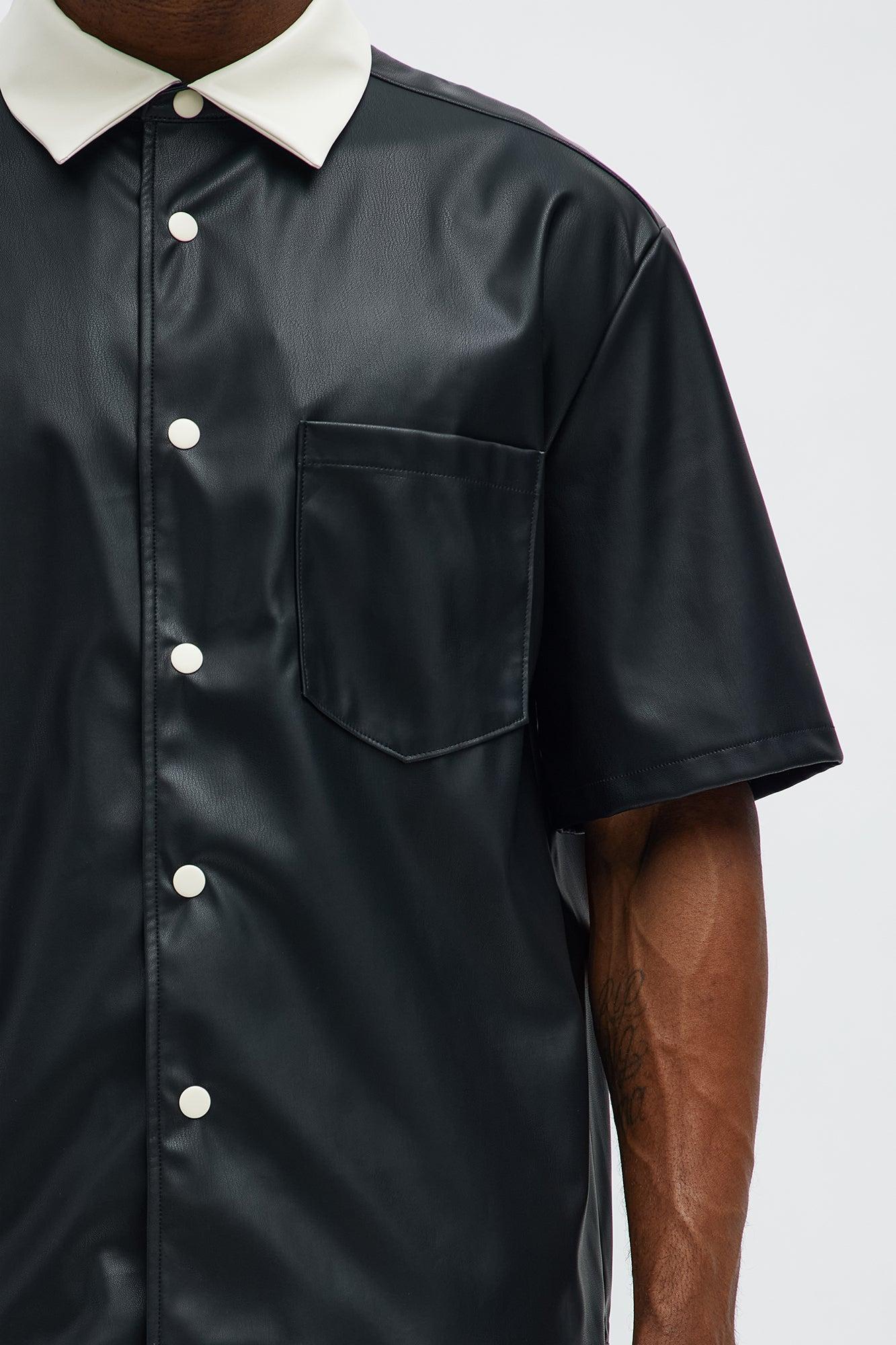 Cropped Colored Collar Faux leather Button Up Shirt - Black Product Image