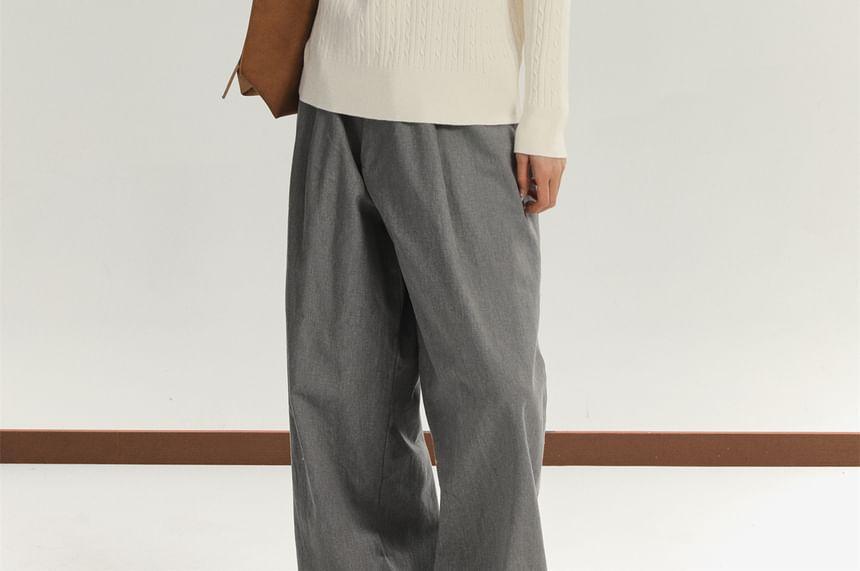 Long-Sleeve V-Neck Plain Button Accent Cable Knit Top Product Image