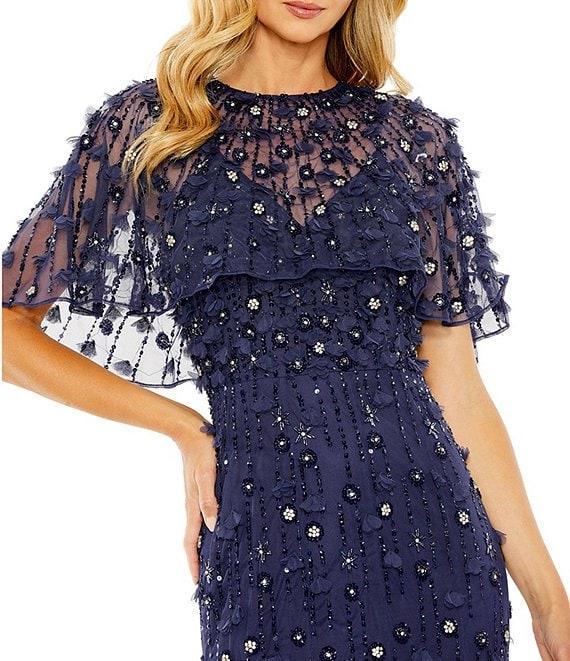 Mac Duggal Beaded Floral Illusion Short Cape Sleeve Sheath Gown Product Image