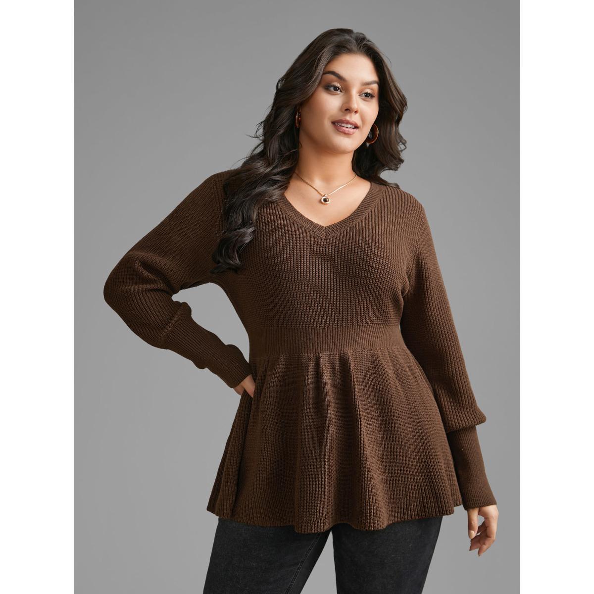 Plus Size Plain V Neck Lantern Sleeve Pullover Browncoffeecolor Women Casual Loose Long Sleeve V-neck Everyday Pullovers BloomChic 18-20/2X Product Image