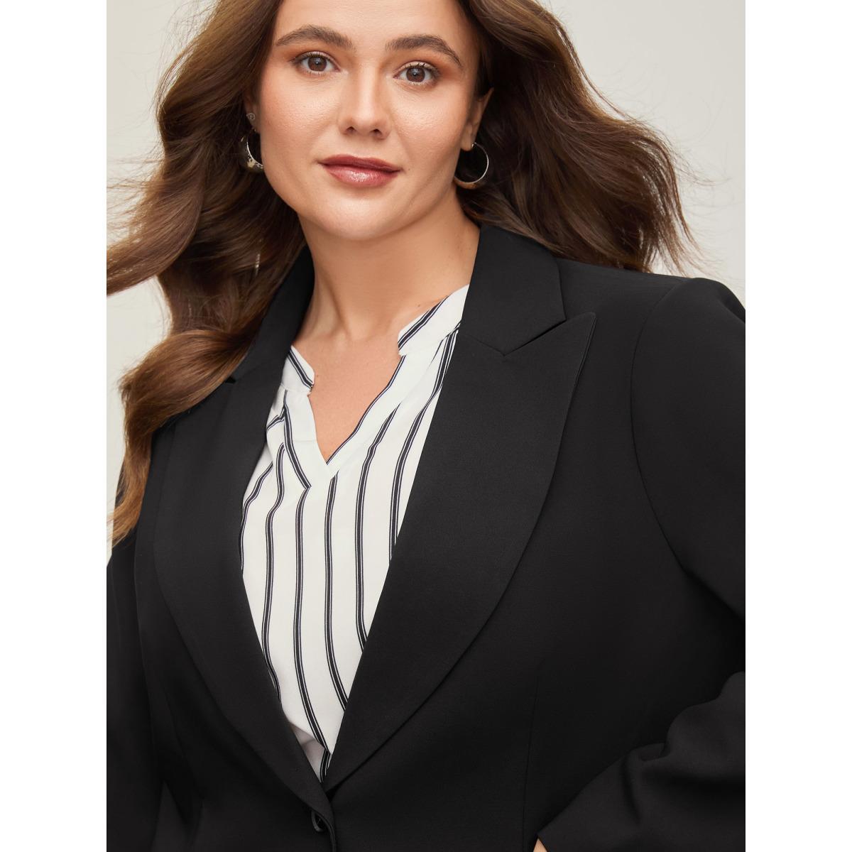 Plus Size Stretch Woven Pocket Slim-Fit Blazer Black Women Work Button Sleeve Extra Long Sleeve Suit Collar 22-24/3X Open pocket with flap At the Office Blazers BloomChic Product Image
