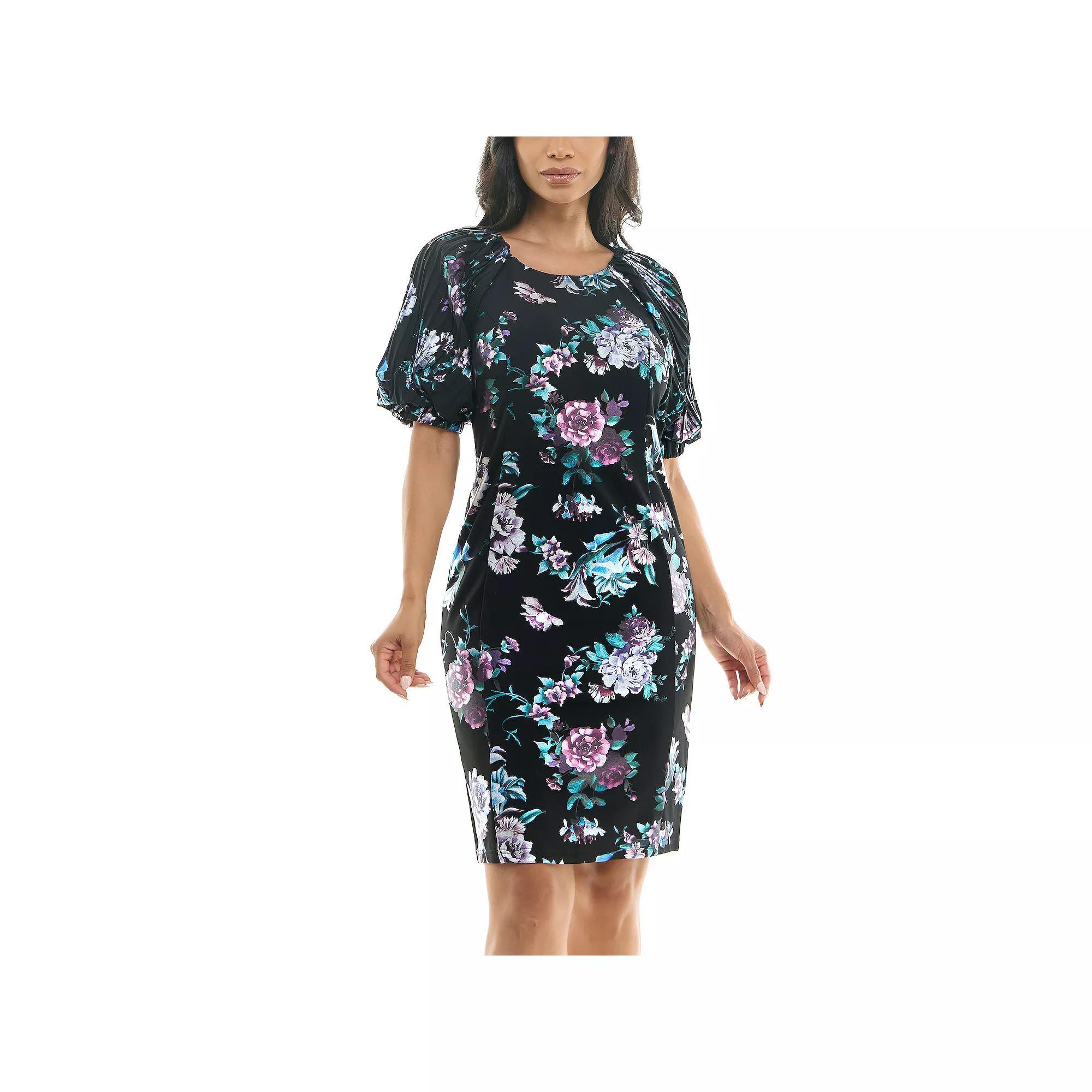 Women's Nina Leonard Pleat Puff Sleeve Dress, Size: Small, Black Purple Team Product Image