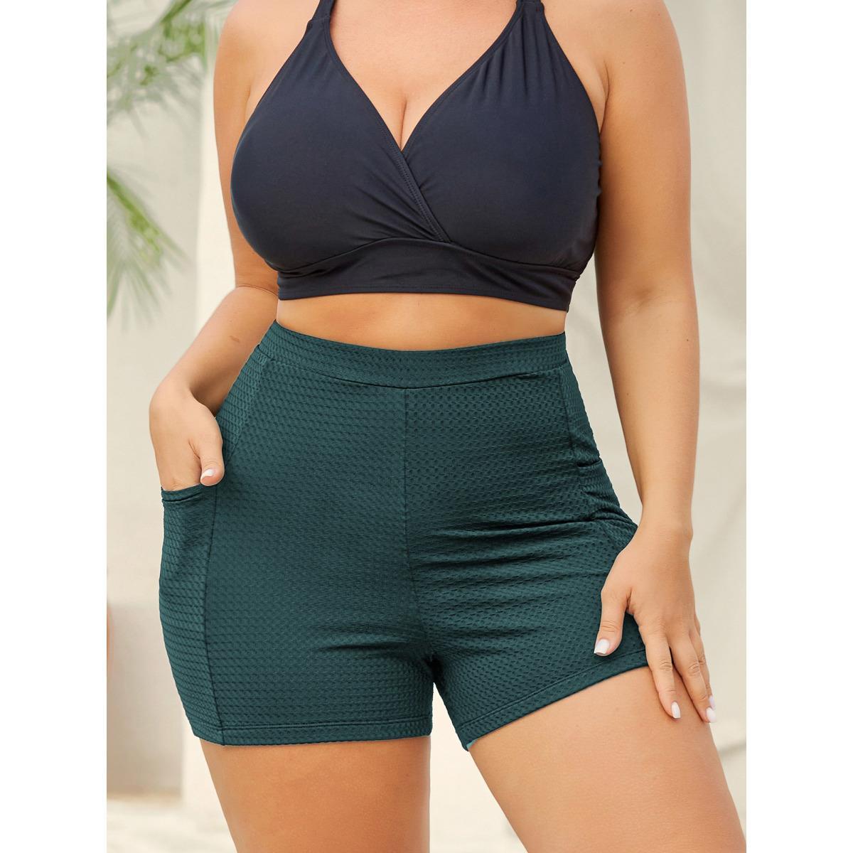 Plus Size Textured Tight-Fit Pockets Swim Bottoms Women's Swimwear Cyan Beach Texture High stretch Skinny High Rise Side seam pocket Curve Swim Bottoms BloomChic 30/6X Product Image