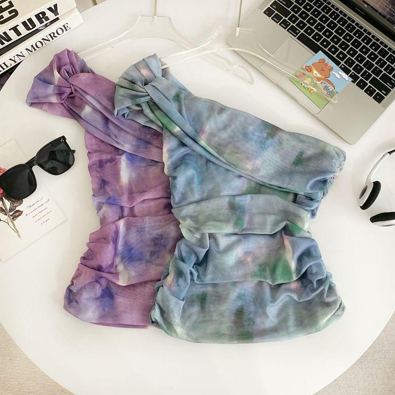 Sleeveless One Shoulder Tie Dye Ruched Tie Front Crop Top Product Image