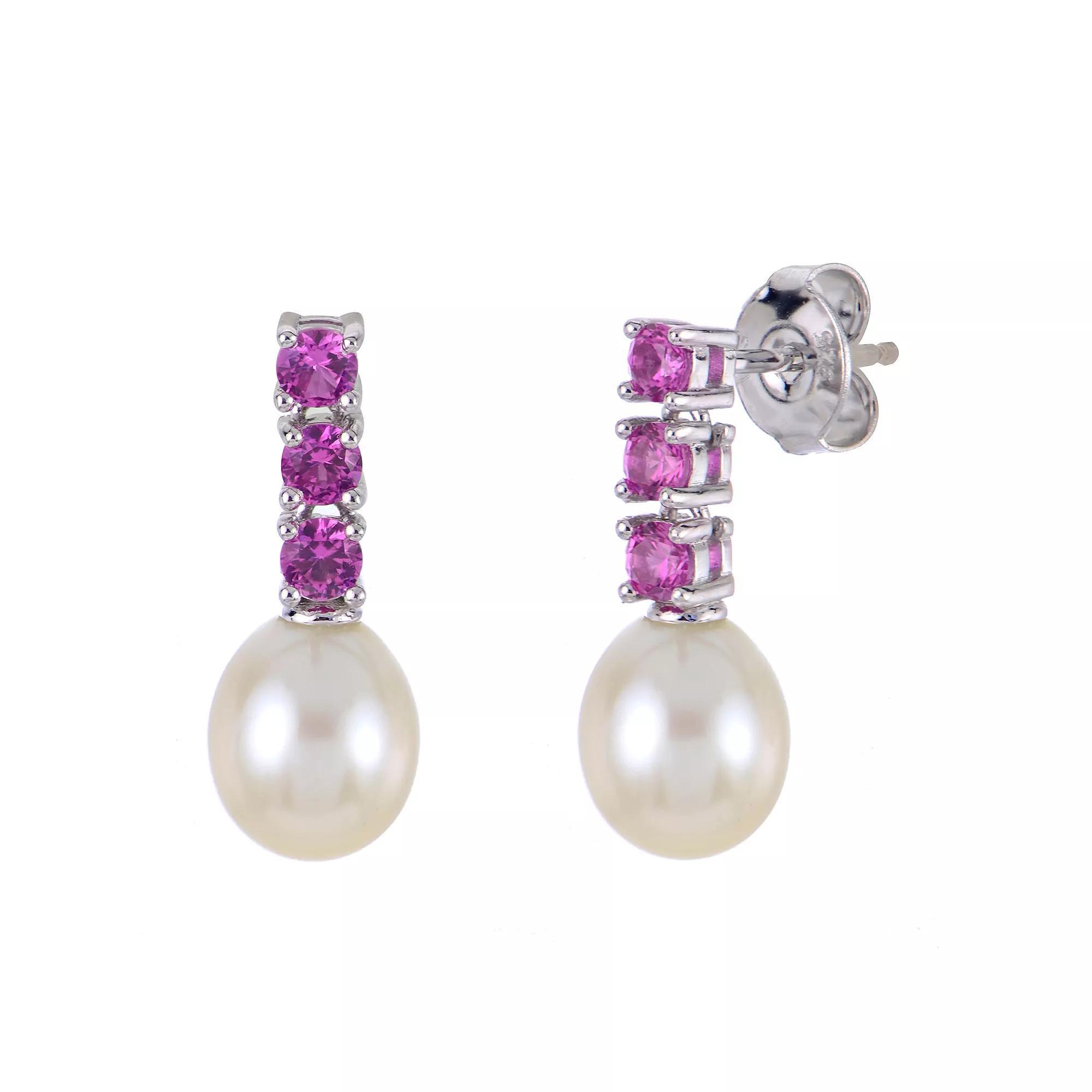 PearLustre by Imperial Sterling Silver Freshwater Cultured Pearl & Lab-Created Pink Sapphire Drop Earrings, Womens Product Image