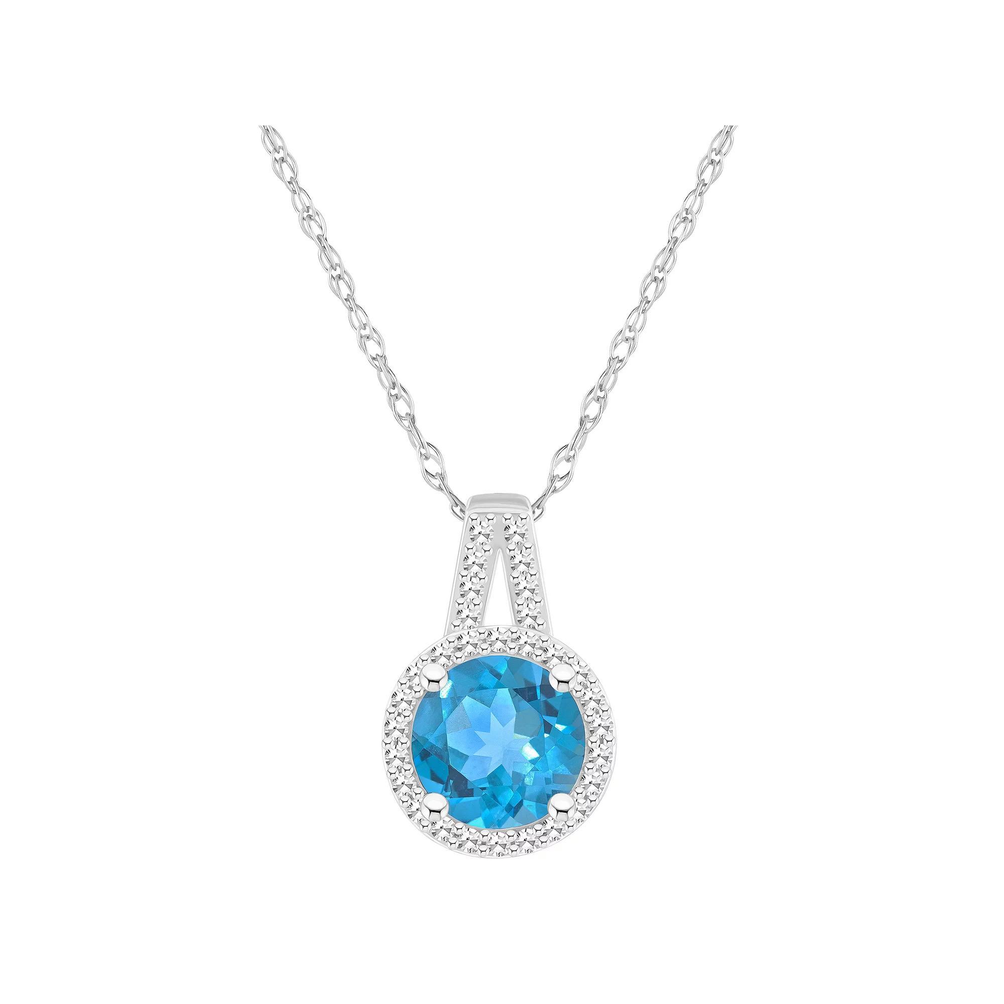 Celebration Gems Sterling Silver 7 mm Round Gemstone & 1/8 Carat T.W. Diamond Halo Pendant Necklace, Women's, Size: 18", Blue Topaz Product Image