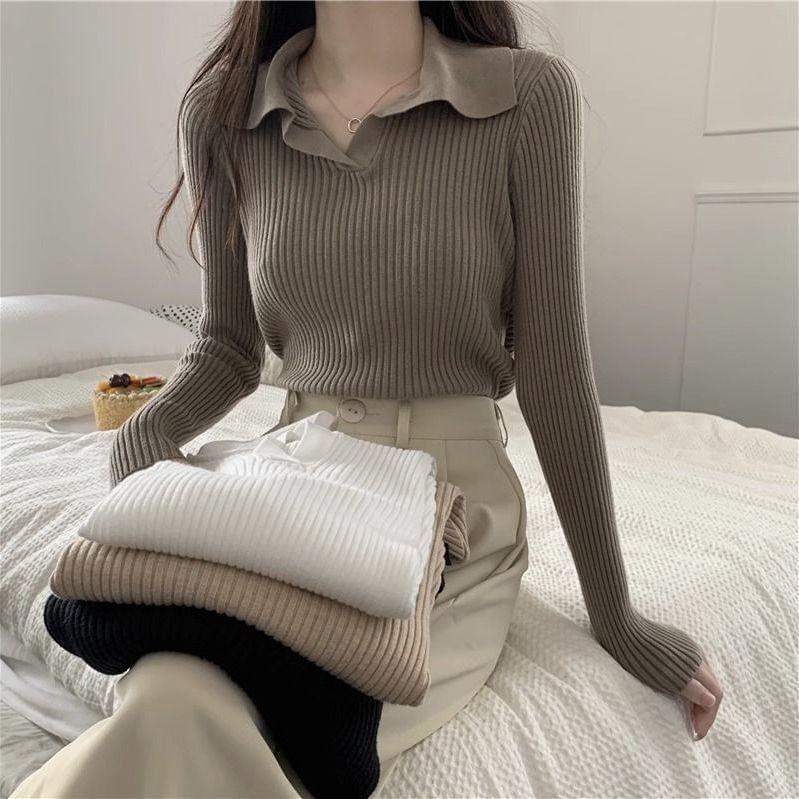 Long Sleeve Collared Plain Ribbed Knit Top Product Image