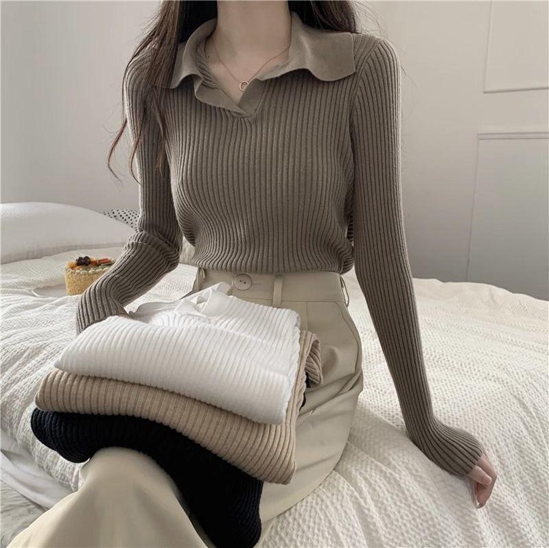 Long Sleeve Collared Plain Ribbed Knit Top Product Image