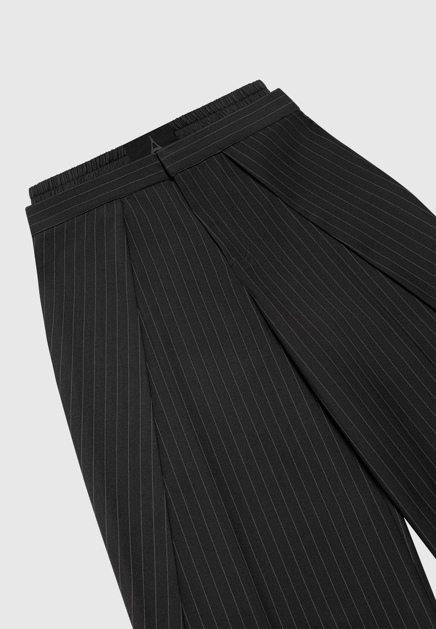 Satin Waistband Pinstripe Trousers - Black Female Product Image