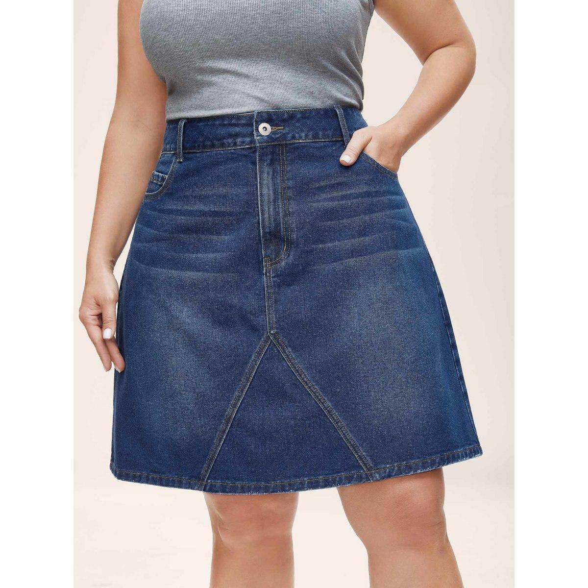 Plus Size A-Line Crisscross Lines Denim Skirt Women Midblue Everyday-Casual No stretch Medium Wash 26/4X Slanted pocket Basics Denim Skirts BloomChic Product Image