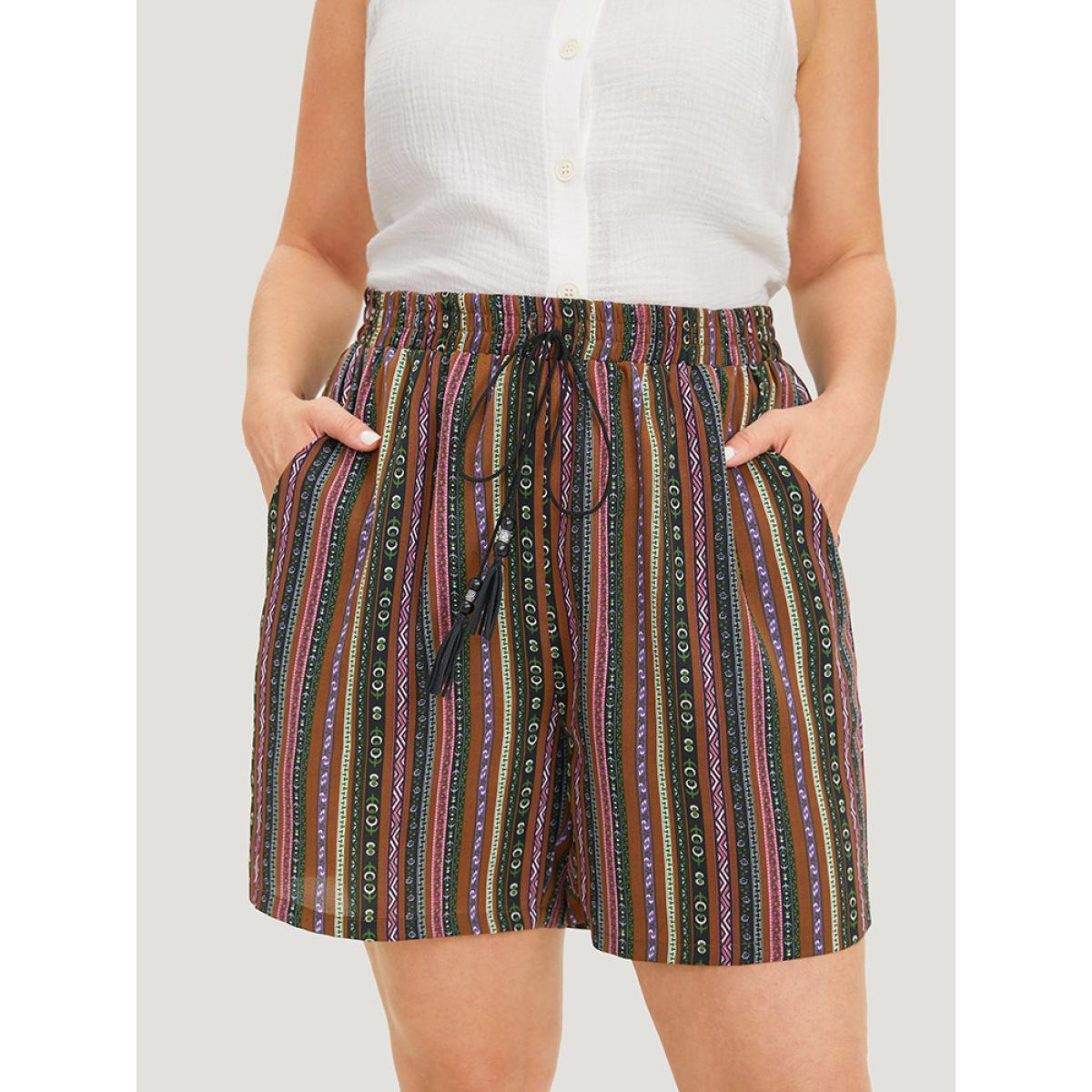 Plus Size Bandana Striped Drawstring Tassel Beaded Detail Shorts Women Multicolor Vacation Tassels Dailywear Shorts BloomChic 22-24/3X Product Image