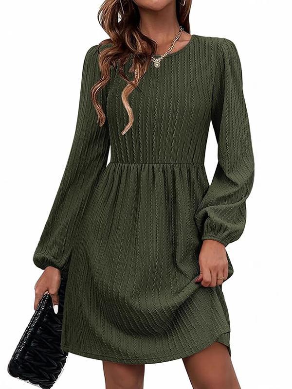 A-Line Long Sleeves Jacquard Solid Color Round-Neck Mini Dresses Product Image
