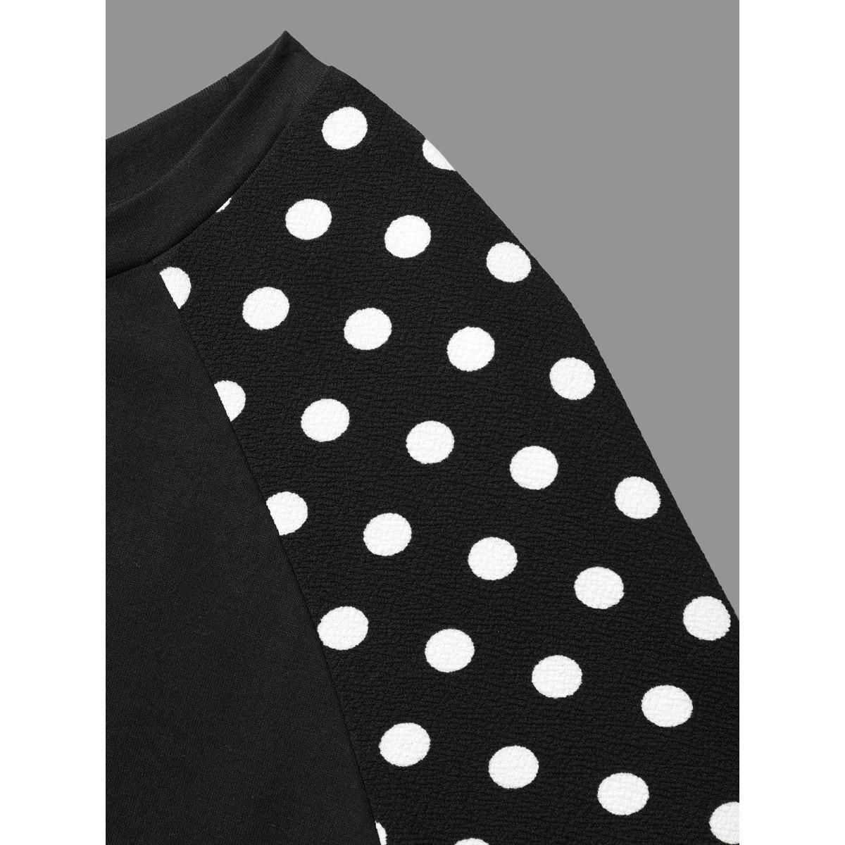 Plus Size Polka Dot Patchwork Raglan Sleeve Sweatshirt Women Black Casual Contrast Loose Round Neck Everyday Sweatshirts BloomChic 12/L Product Image