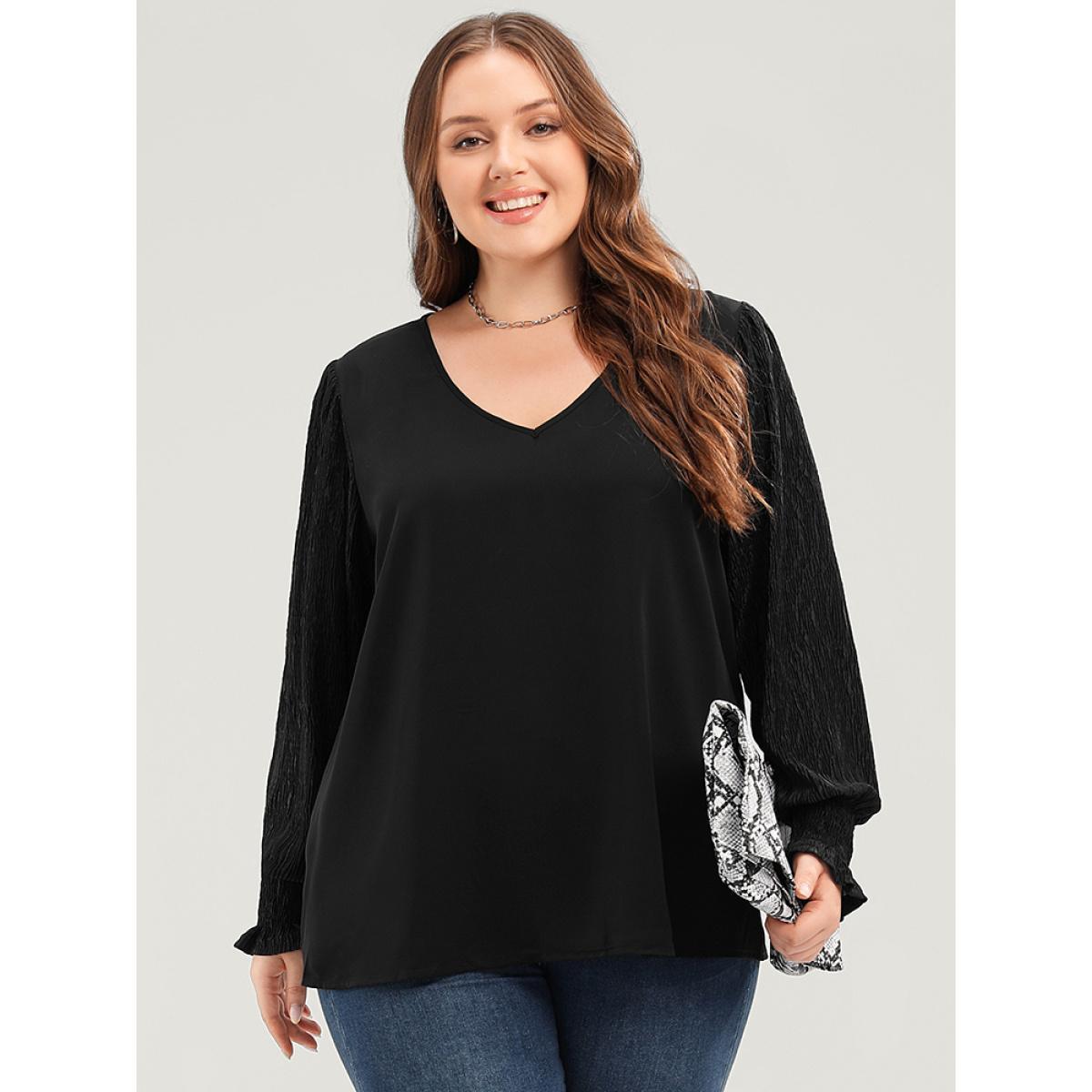 Plus Size Black Solid V Neck Puff Sleeve Blouse Women Elegant Long Sleeve V-neck Dailywear Blouses BloomChic 18-20/2X Product Image