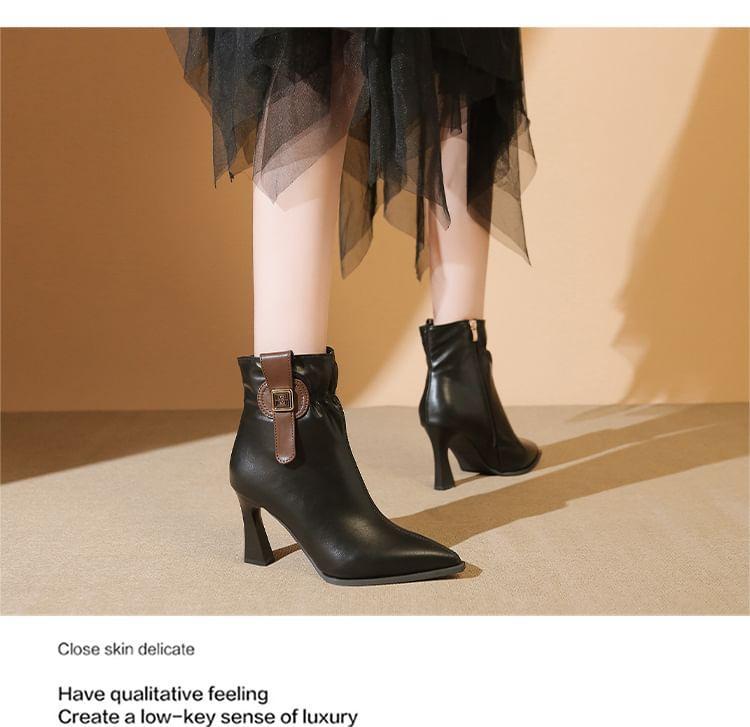 Chunky Heel Pointed Toe Ruched Zip-Up Faux Leather Short Boots Product Image