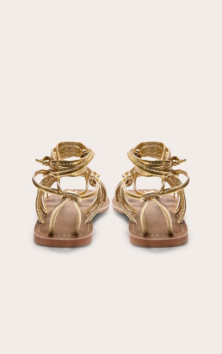  Gold Metallic Real Leather Square Toe Knotted Strap Tie Up Sandals Product Image