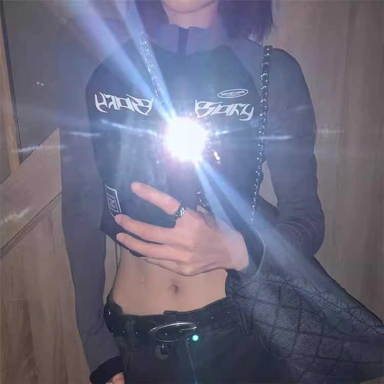 Long-Sleeve Mock Neck Half Zip Lettering Crop T-Shirt Product Image