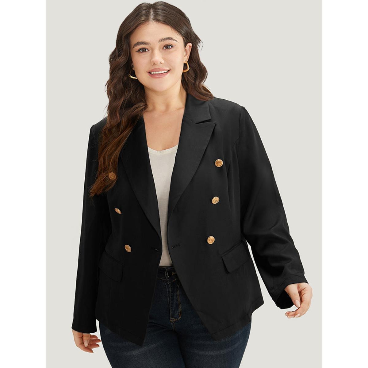 Plus Size Suit Collar Buckle Detail Pocket Blazer Black Women Work Plain Plain Sleeve Long Sleeve Suit Collar 30/6X Pocket Workwear Essentials Blazers BloomChic Product Image