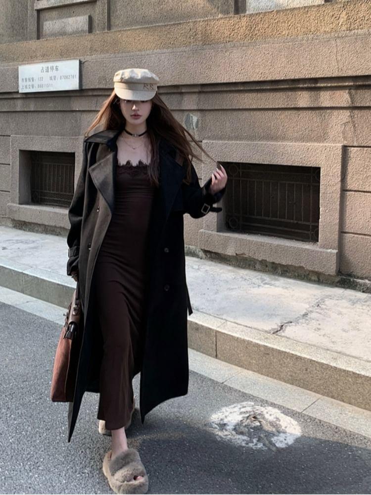 Plain Tie Waist Maxi Double-Breasted Coat Product Image