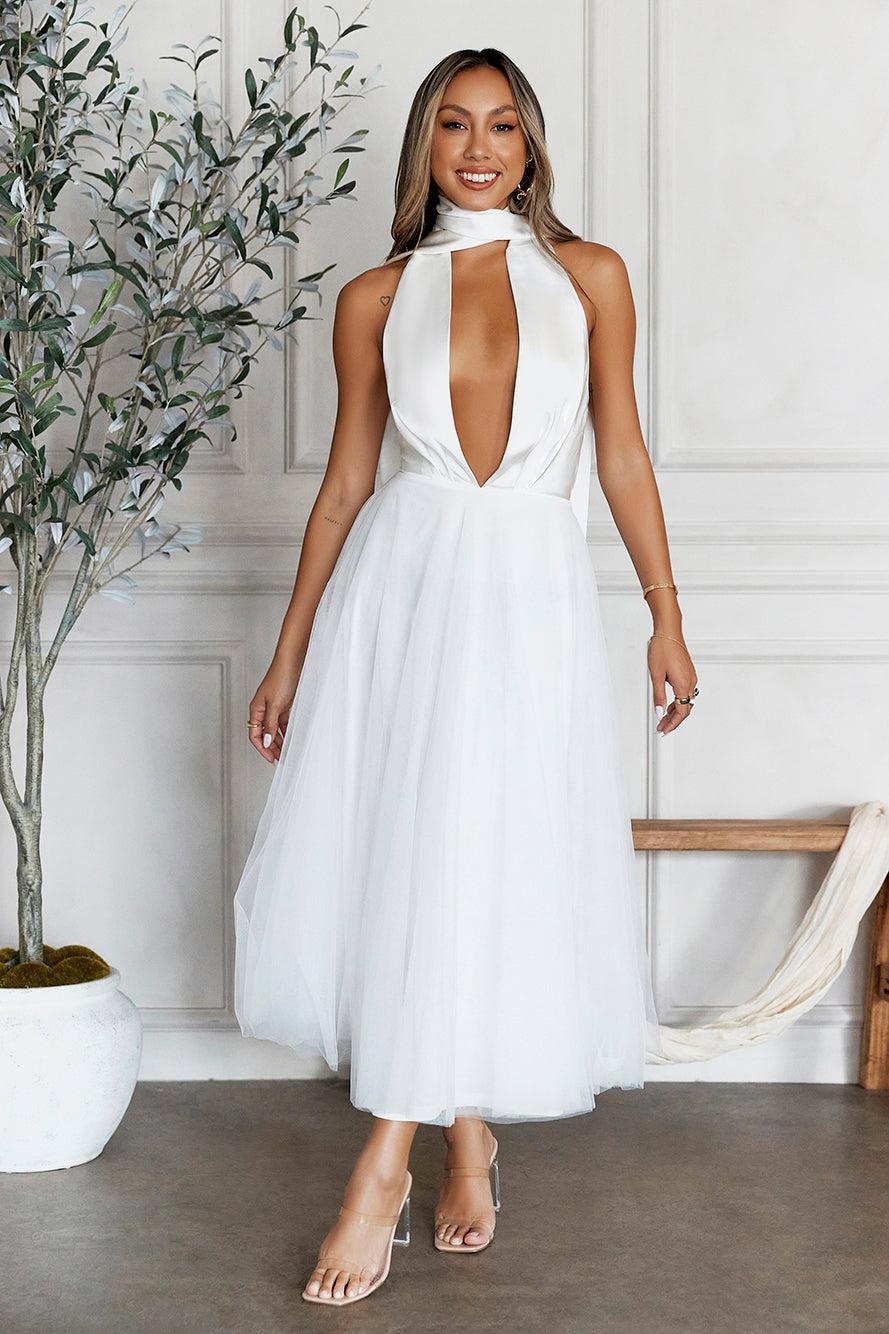 Highest Level Satin Tulle Midi Dress White Product Image