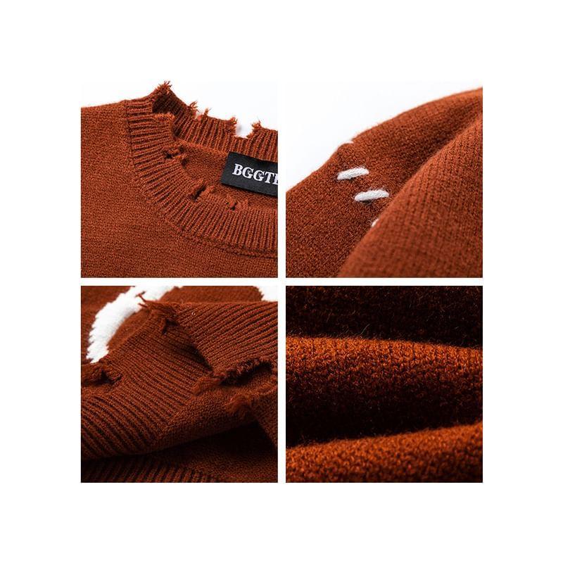 Couple Matching Crew Neck Lettering Distressed Sweater Product Image