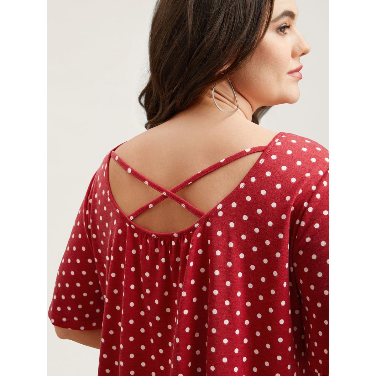 Plus Size Polka Dot Back-Tie Flared Sleeve T-Shirt Raspberry Women Casual Gathered Round Neck Everyday T-shirts BloomChic 14-16/1X Product Image