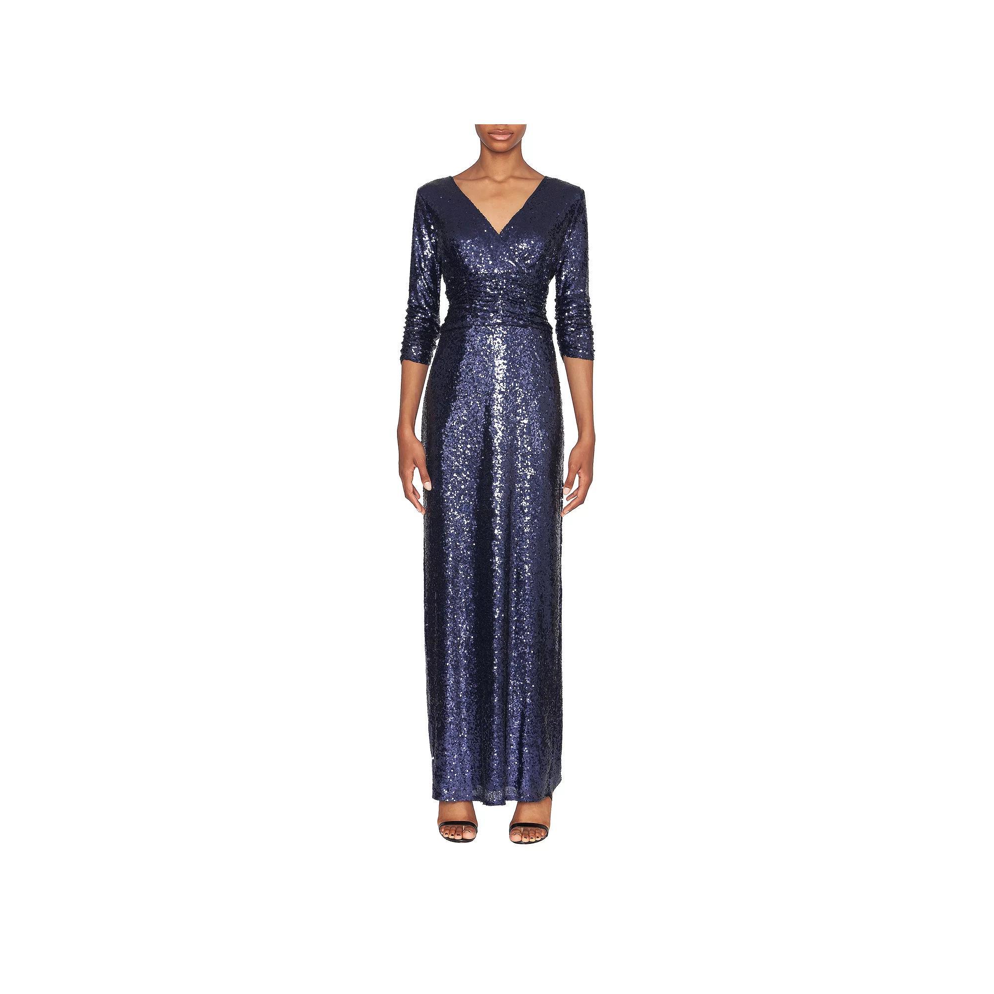Women's Focus By Shani V-Neck Sequin Column Evening Gown, Size: 6, Blue Product Image