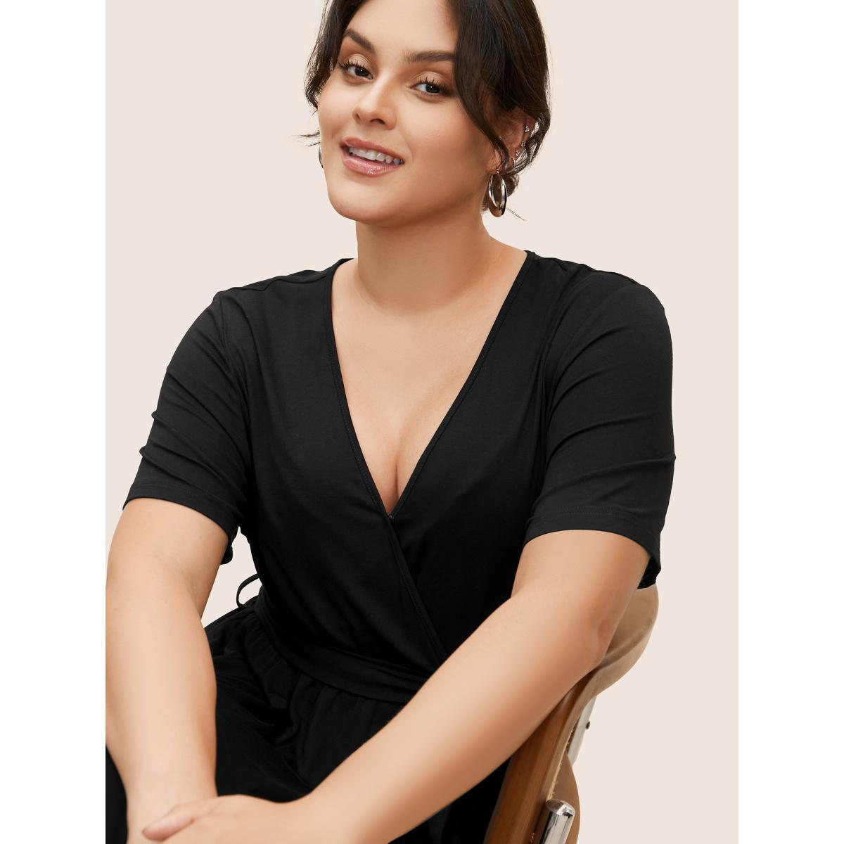 Plus Size Overlap Collar Solid Belted Midi Dress Black Women Basics Belted Overlap Collar Short sleeve Curvy BloomChic 26/4X Product Image