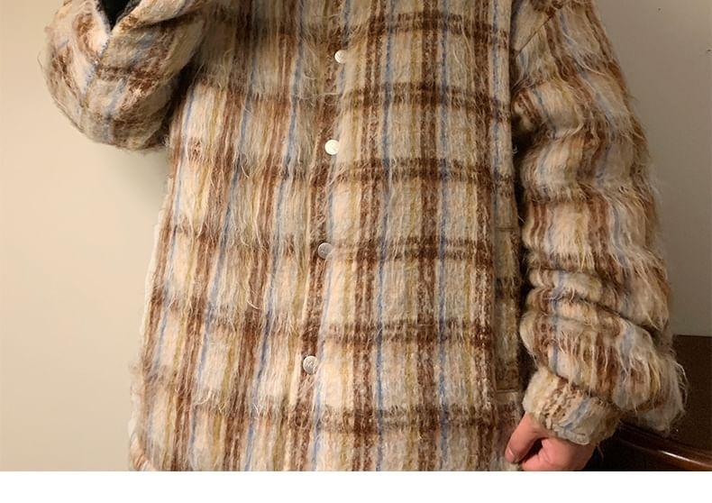 Fleece Collar Plaid Button-Up Jacket Product Image