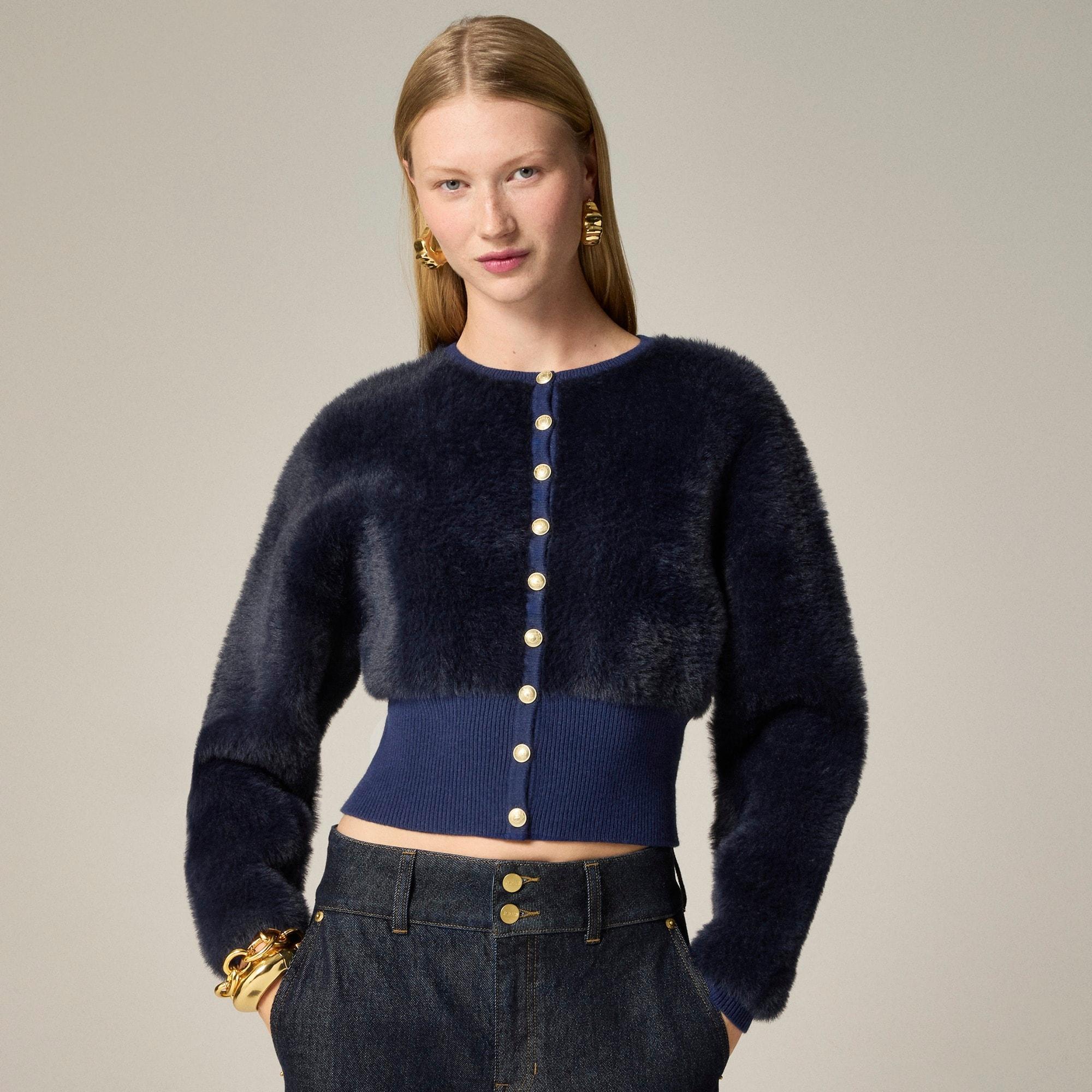 Fitted-waist cardigan in fuzzy yarn Product Image