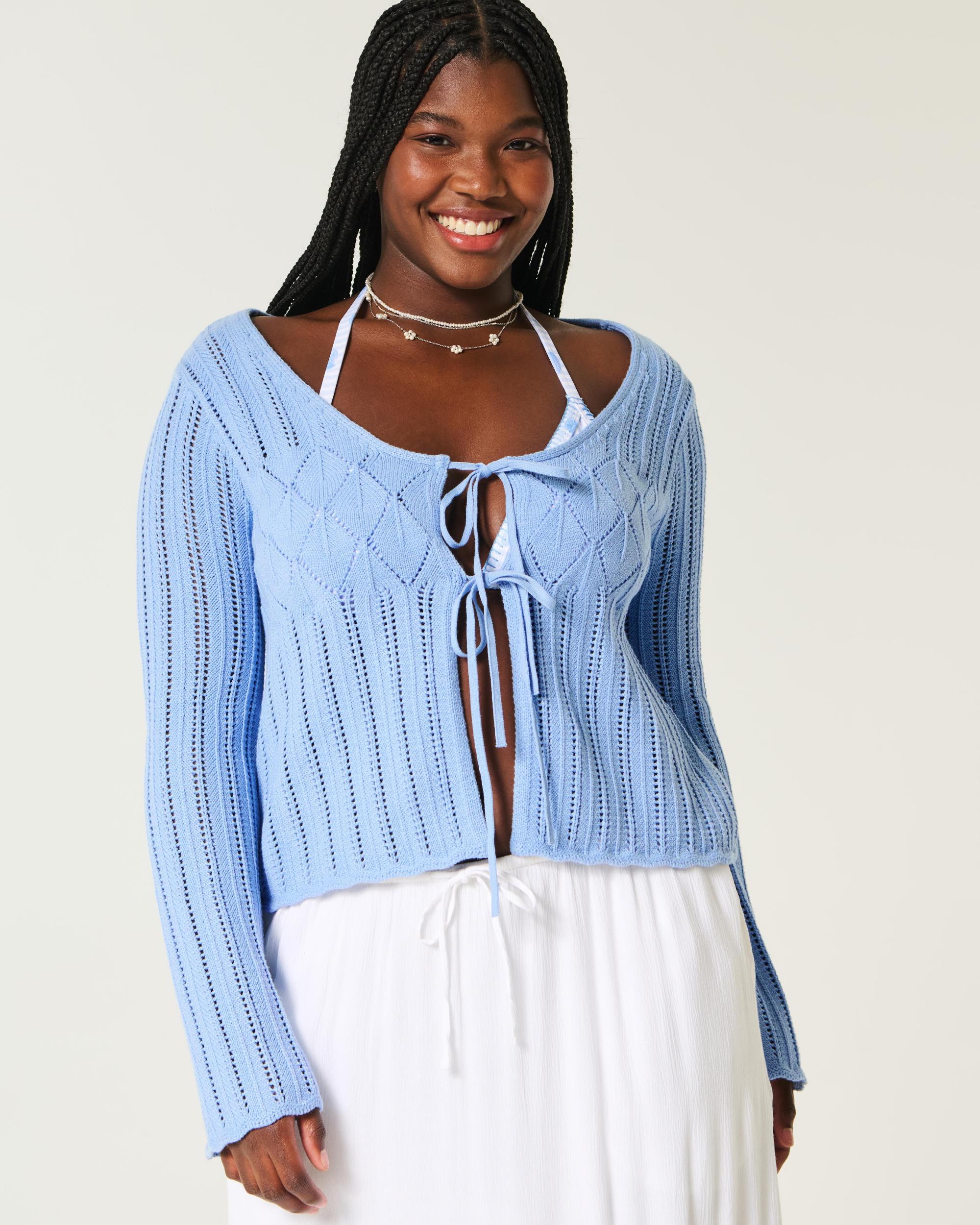 Crochet-Style Tie-Front Textured Sweater Product Image
