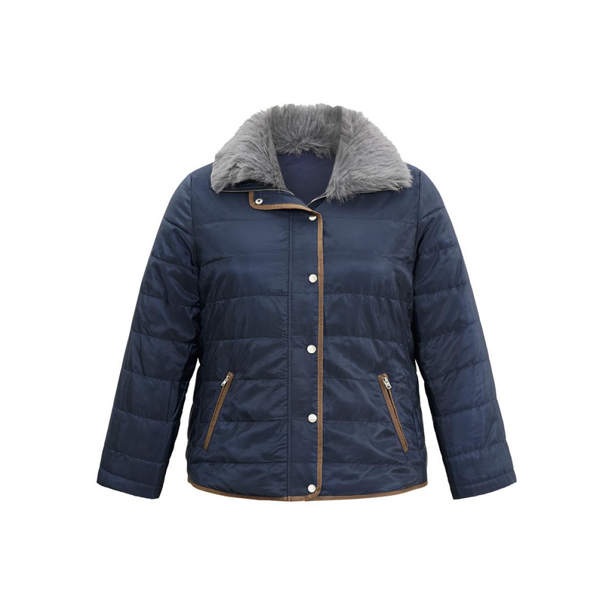 Plus Size Fuzzy Trim Patchwork Zipper Padded Jacket Women Indigo Zipper Pocket Dailywear Jackets BloomChic 28/5X Product Image