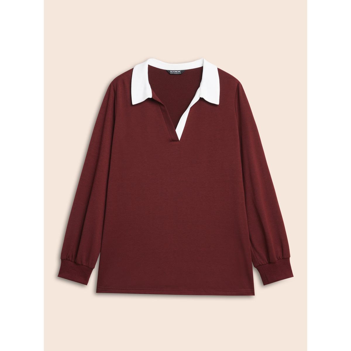 Plus Size Polo Neck Contrast Patchwork Sweatshirt Women Burgundy Casual Contrast Polo Everyday Sweatshirts BloomChic 18-20/2X Product Image