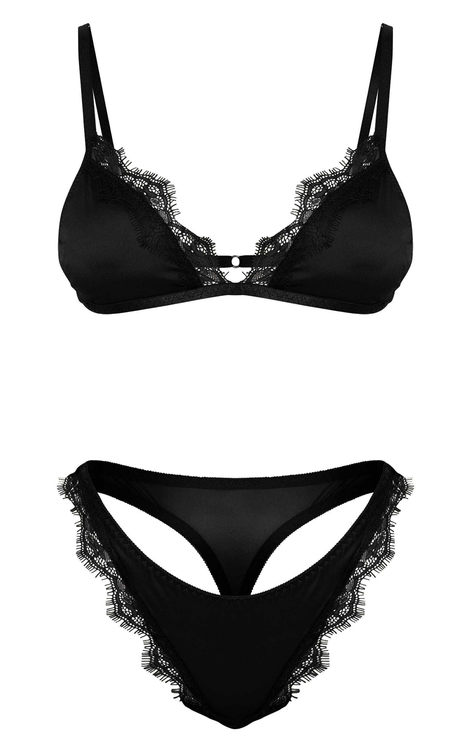 Black Satin Lace Trim Triangle Bra Thong Lingerie Set Product Image