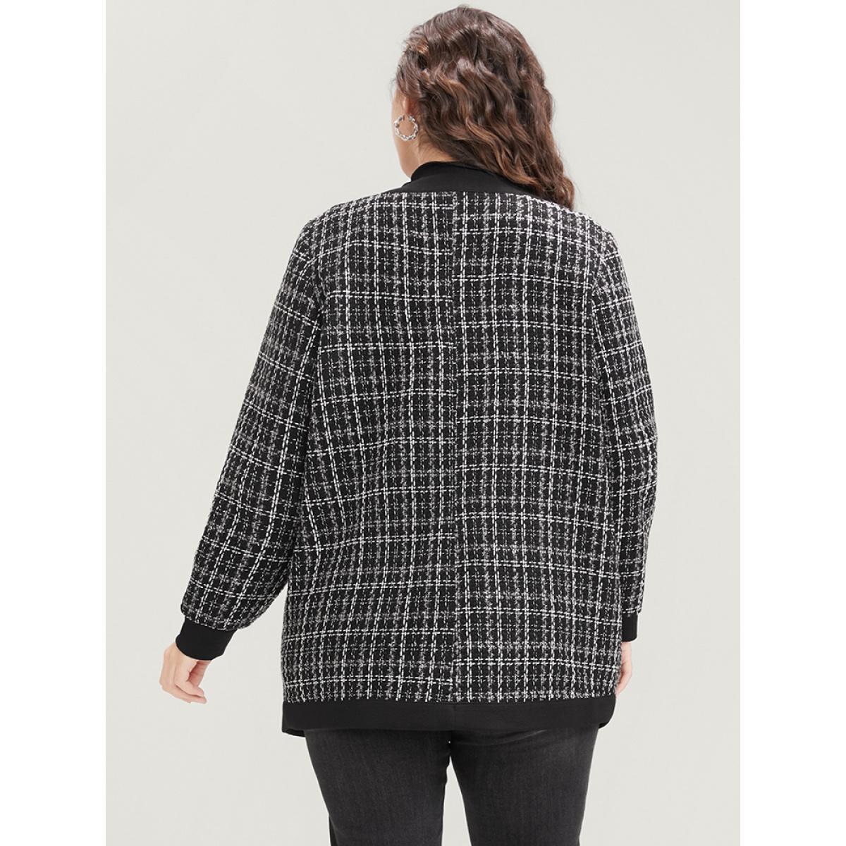 Plus Size Contrast Trim Pocket Button Up Plaid Tweed Coat Women Black Office Ladies Work Winter Coats BloomChic 10/M Product Image